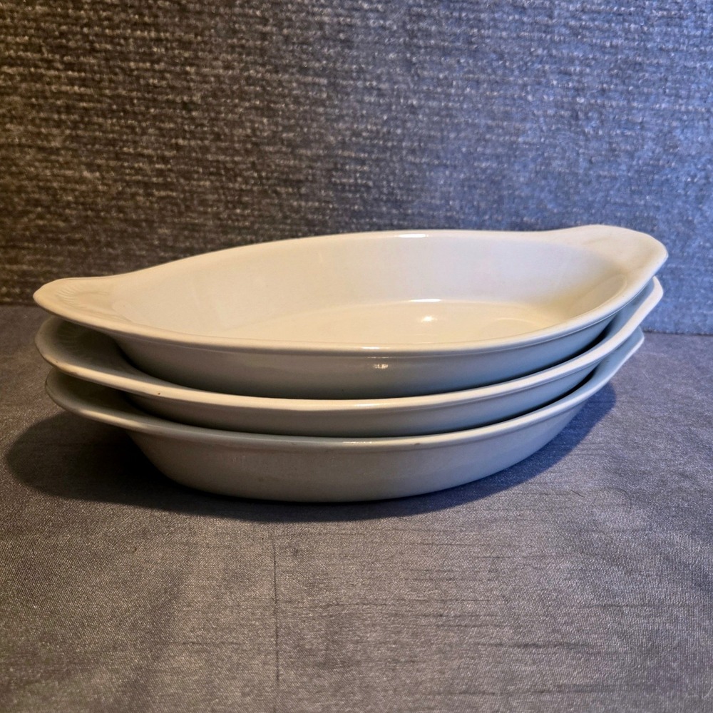 Chaozhou‎ Stoneware Cream Oval Au Gratin Dishes Set of 3 Tab Handles 9.5 Inch